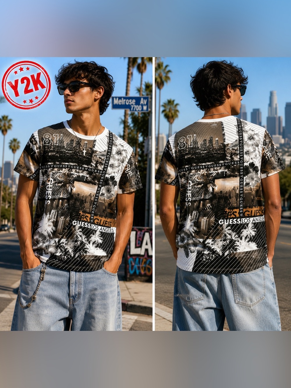 GUESS Los Angeles Graphic T Men’s L Y2K Streetwear All Over Print Cotton T